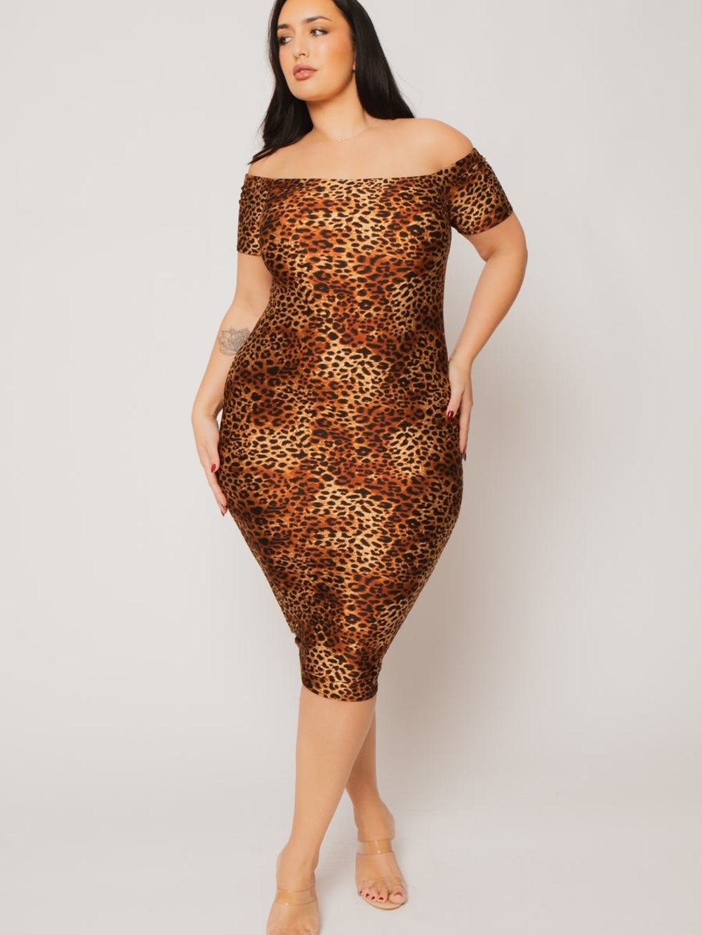 Off-Shoulder Leopard Print Midi Bodycon Dress in Brown